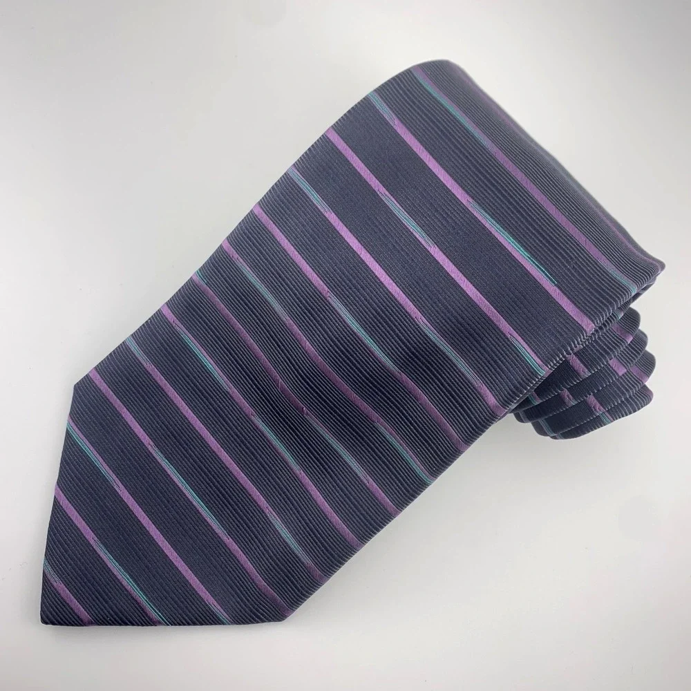 Boxelder Milwaukee Mens Tie‎ Gray Purple & Teal Striped 100% Silk Repp Necktie
